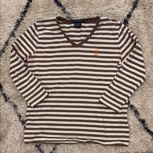 Ralph Lauren Women’s Top, Sport, Medium, Brown and White Striped V-Neck Shirt